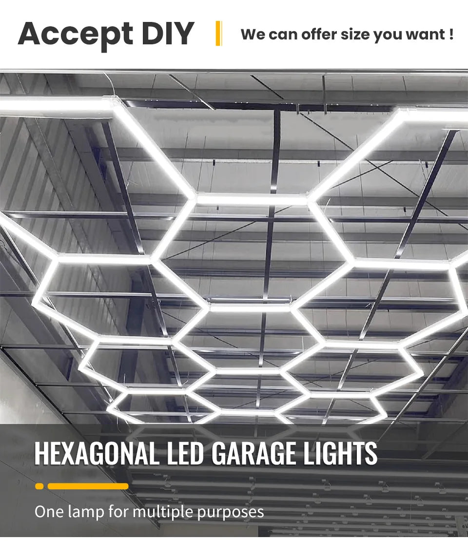 Customizable Shape DIY Hexagon Garage Honeycomb Car Body Lighting Lamp LED Tube PC AC85-265V Accessories Barbershop Workshop