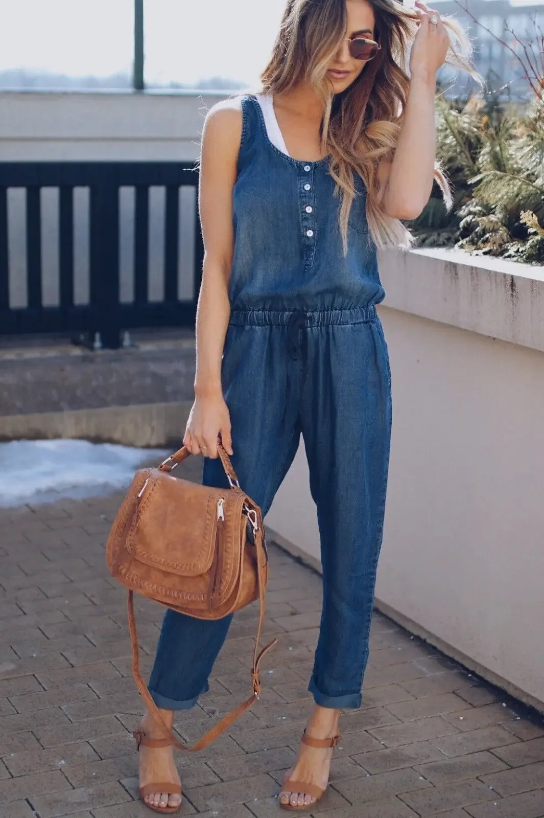 Summer Fashion Jumpsuit for Women Romper Overalls Single-breasted Casual Denim Trousers Sleeveless Ankle Pants Loose Jumpsuits