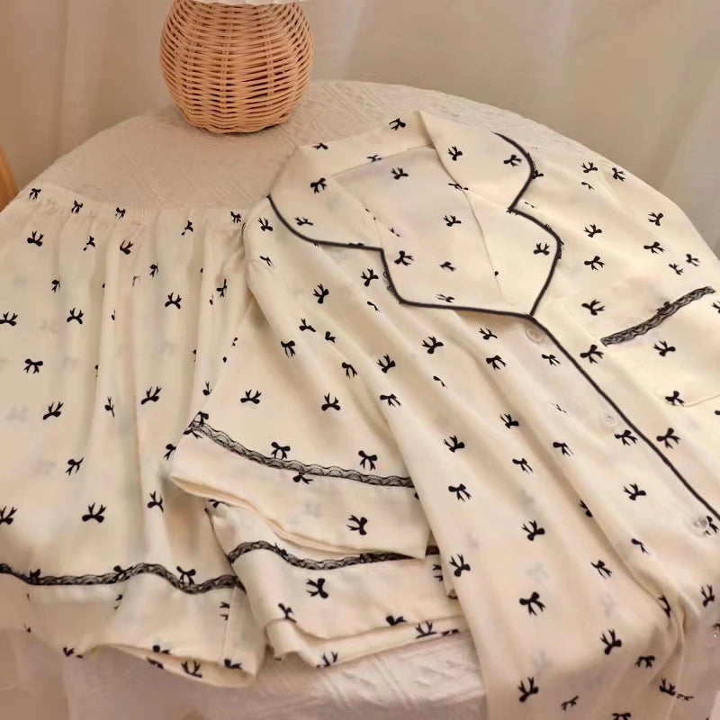 Sweet Cute Lace Flower Side Bow Print Women's Pajamas Simulated Silk Short Summer Cool Lady Lounges 2024 New Classy Y2k Homewear
