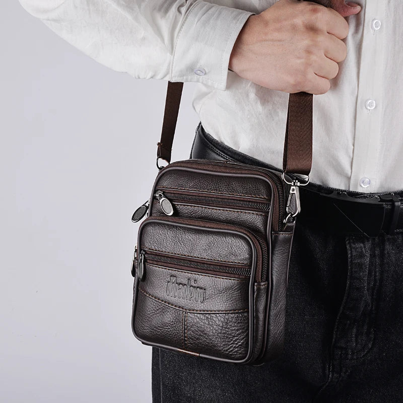 Men's Genuine Leather Crossbody Bag High Quality Zipper Pocket Retro Business Messenger Bag for Men