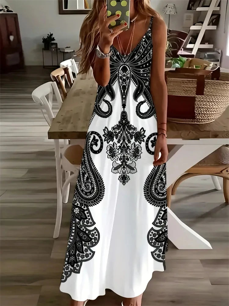 Summer Women's Fashion Vintage Print Maxi Dress Casual Elegant Sleeveless Halters Evening Dress Bohemian Style Women's Dress
