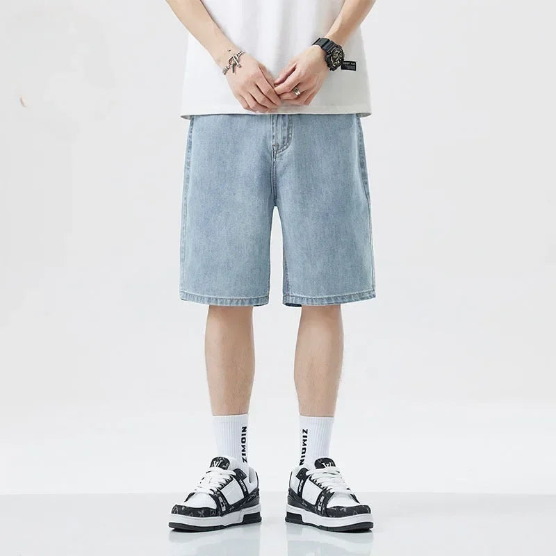 2025 new Fashion Streetwear Men's Denim Shorts Summer Loose Vintage Harajuku Splicing Hip-hop Cargo Moto Short Jeans Black Blue