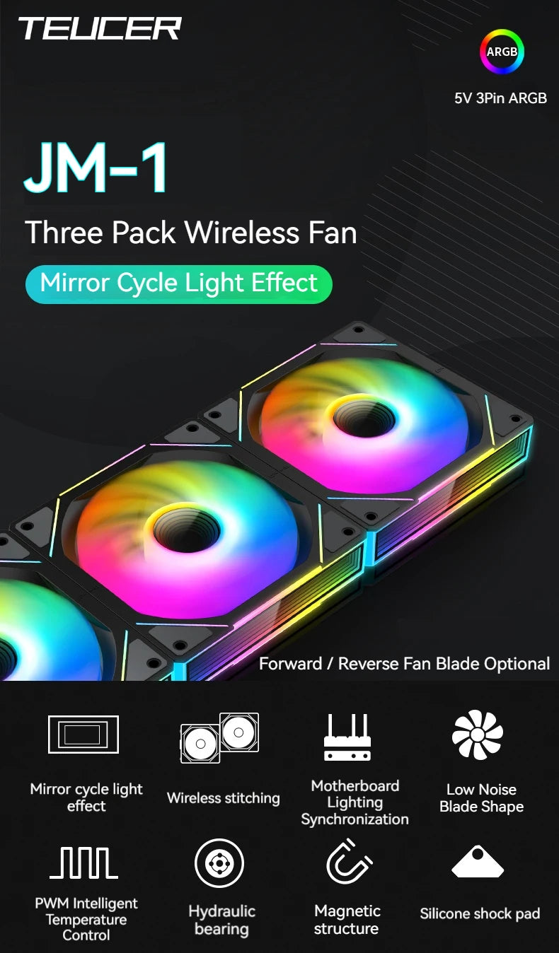TEUCER 1PCS JM-1 PC Cooling Fan ARGB Mirror Cycle Light Effect 800-2000RPM PWM Water Cooling 360mm Cooler Fan
