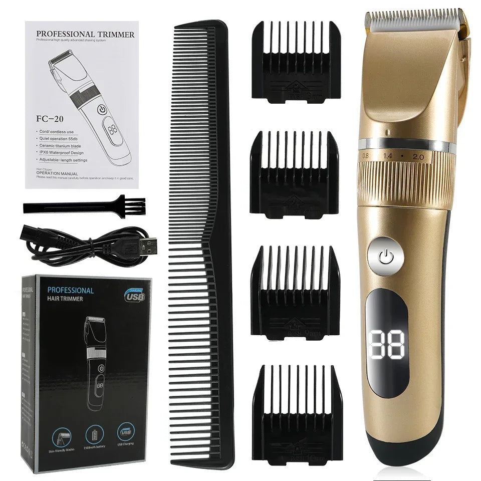 Professional Hair Clipper Electric Men's Trimmer Rechargeable Hair Cutting Machine LCD Display Head Trimmer 2 Gears