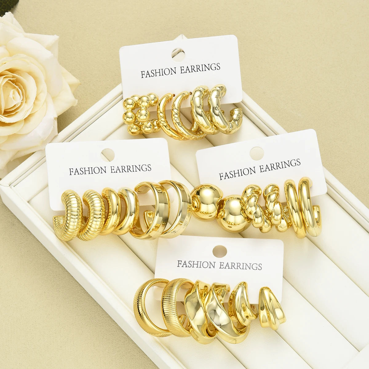 17KM 12 Pairs Trendy Gold Color Twisted C Shape Hoop Earrings Set for Women Fashion Metal Geometric Circle Earrings Jewelry Gift