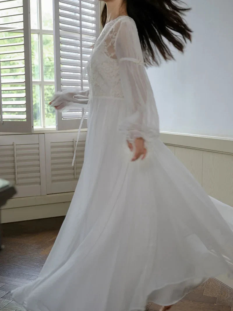 Princess Fairy Night Dress Robe French Morning Gown Lace Mesh Ruffles Vintage Sexy Two-piece Nightgown Female Spring Summer