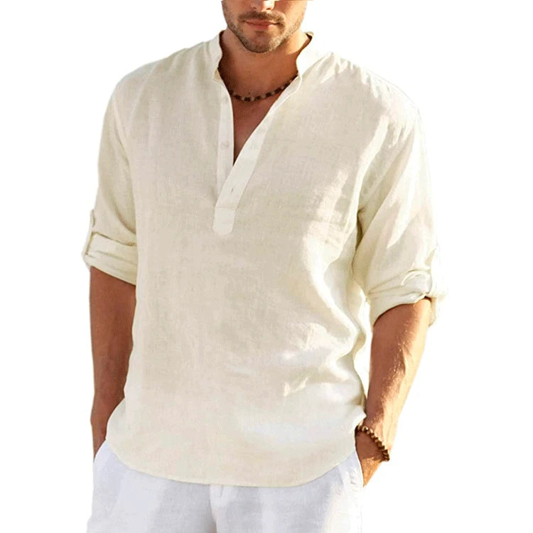 2023 New Men's Linen Long Sleeve T-Shirt Solid Color Loose Casual T-Shirt Long Sleeve Cotton Linen Shirt S-5XL