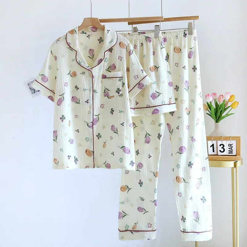 Small Love Heart Printed Cotton Pajamas for Women Three Piece Set Spring and Summer Short Sleeved Shorts Homewear Long Pants Set