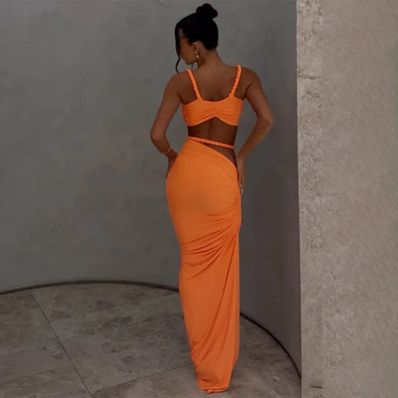 Ladies Summer Party 2 Piece Skirt Set Women Sleeveless Backless Crop Top Long Skirts Matching Sets Club Streetwear Woman Clothes