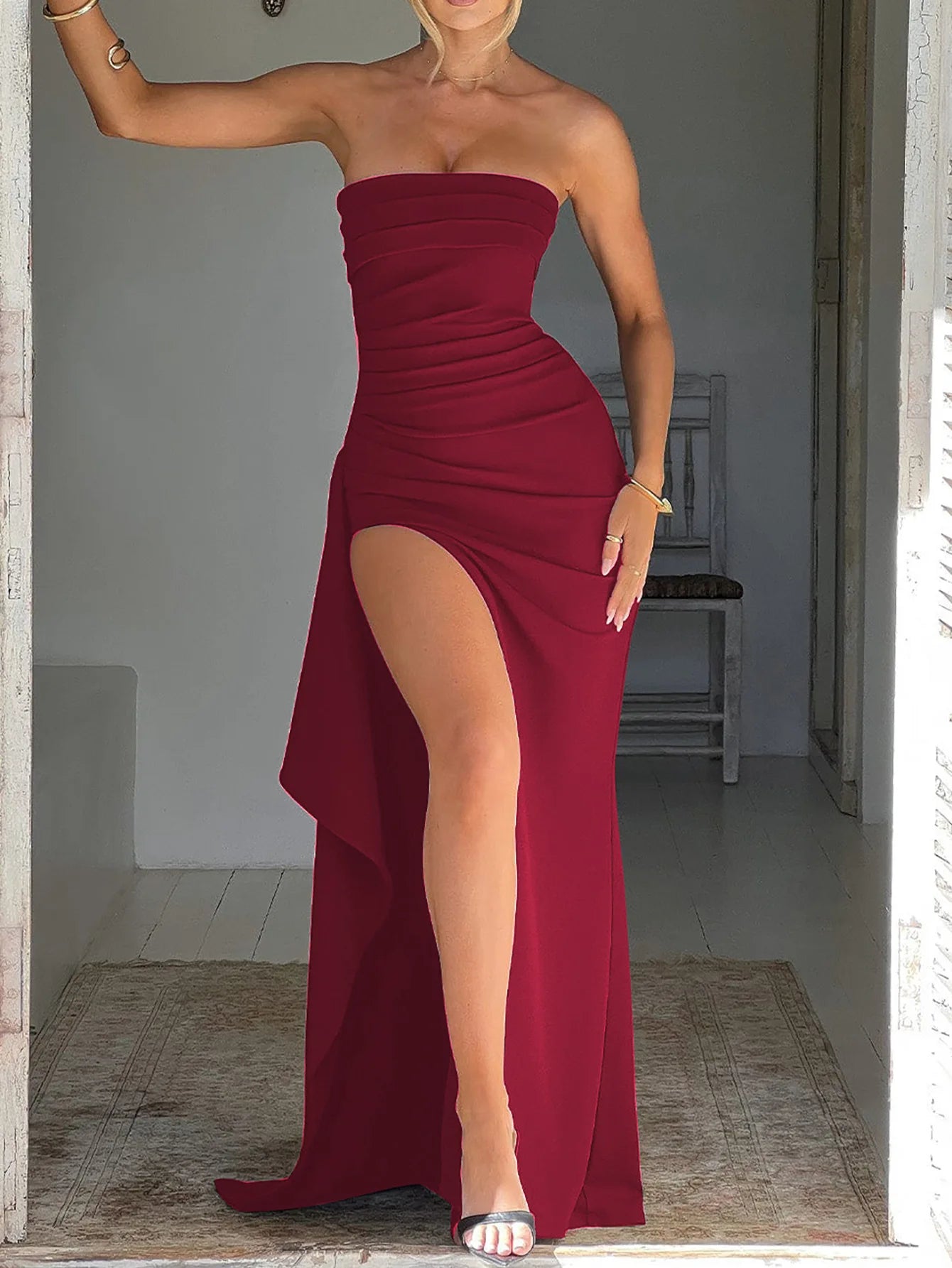 Ladies Summer Ruffle Side Slit Fashion Evening Party Dress Women Sleeveless Backless Tube Maxi Dresses Club Streetwear Outfits