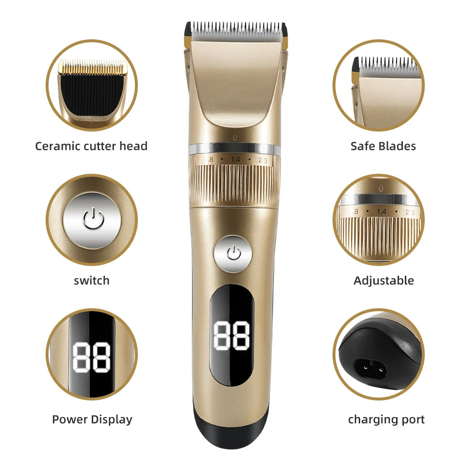 Professional Hair Clipper Electric Men's Trimmer Rechargeable Hair Cutting Machine LCD Display Head Trimmer 2 Gears