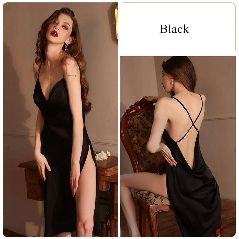 Sexy Backless Ice Silk Halter V Neck Dress Pajamas Short Skirt Home Wear Women Silk Nightgowns Home Clothes