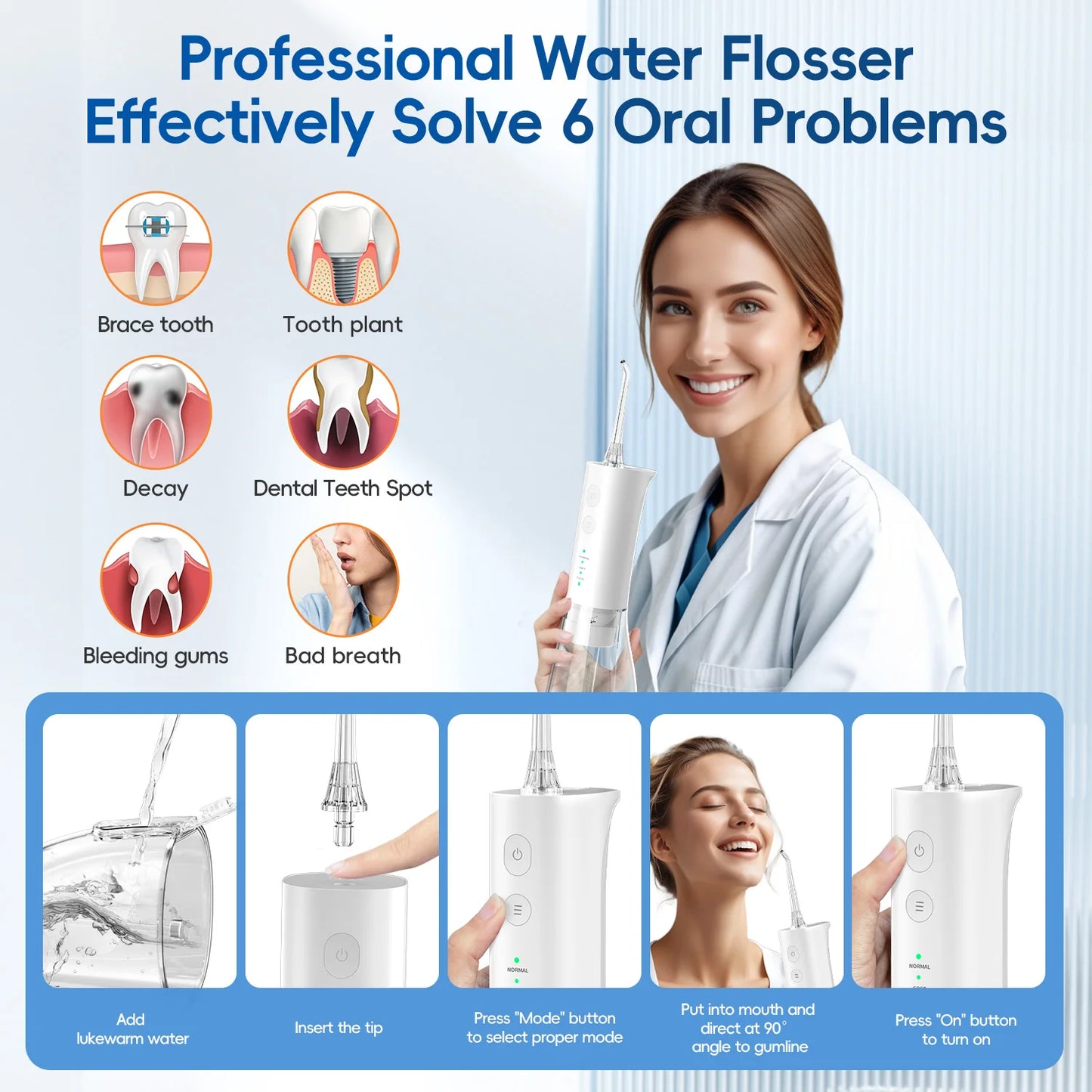 Electric Water Flosser Rechargeable Water Flossers for Teeth Clean Waterproof Flosser Portable Oral Irrigator 300ML Home Travel