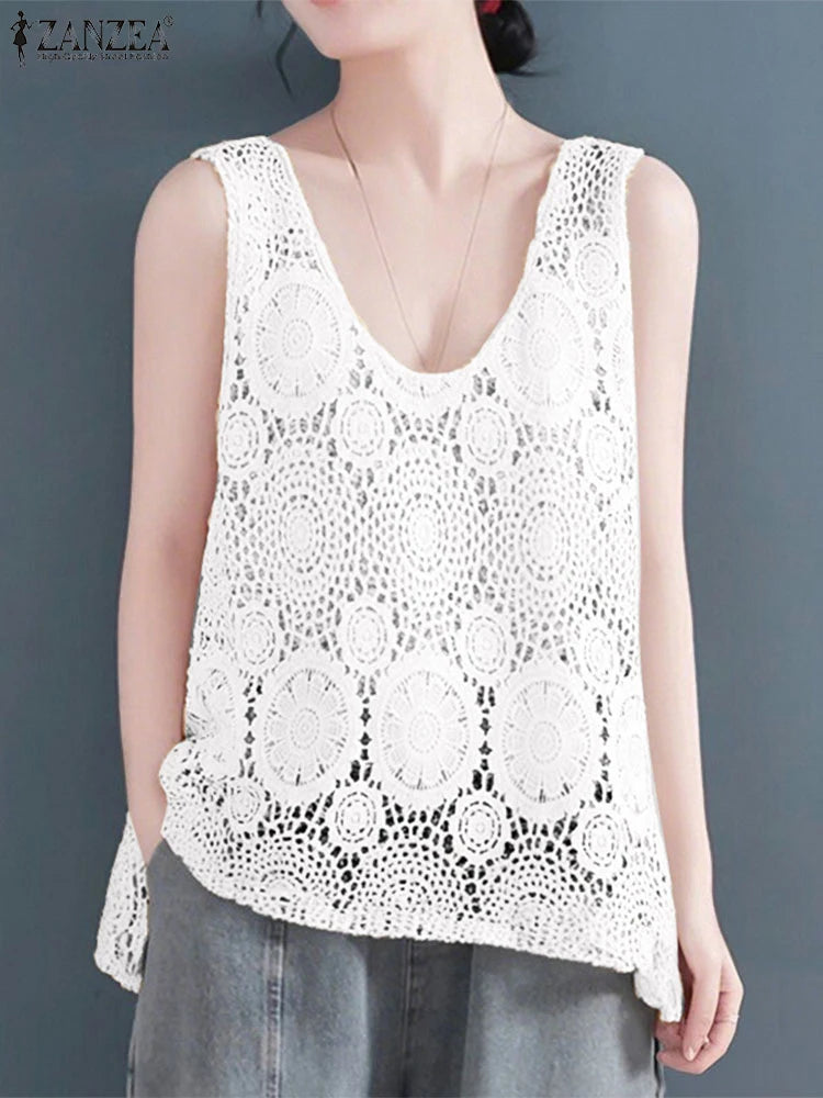 2025 Women Sleeveless Tanks Tops ZANZEA Summer Bohemain Lace Crochet Blouse Casual Loose Camis Fashion Holiday Beach Shirt Mujer