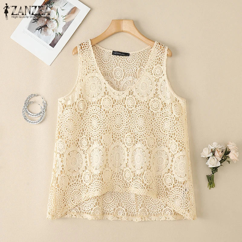 2025 Women Sleeveless Tanks Tops ZANZEA Summer Bohemain Lace Crochet Blouse Casual Loose Camis Fashion Holiday Beach Shirt Mujer