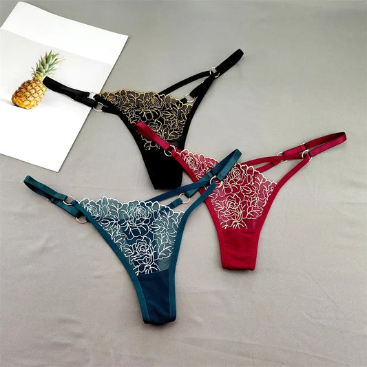 3pcs V-shaped Sexy Lace Floral Thong Women Hollow Out V-Strings Adjustable Belt Transparent Underwear