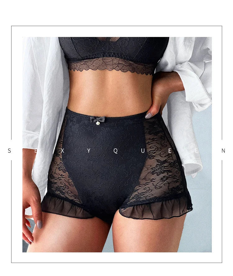SP&CITY High Waist Flower Embroidery Sexy Lace Women's Underwear Transparent Shorts Mesh Hollowed Panties Ruffle Seamless Briefs