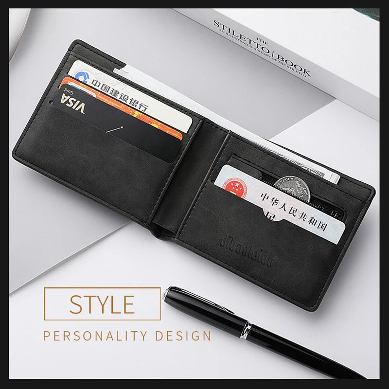 Men's Genuine PU Leather Wallet - Short Vintage Zipper Design with Money Clip, Soft Business Wallet for Students