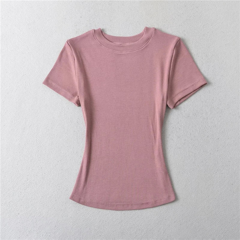 LUNDUNSHIJIA 2024 Summer Sexy Women Basic O-neck Short Sleeve T-shirt Ladies Slim Elasticity Cotton Tee Tops 12 Colors