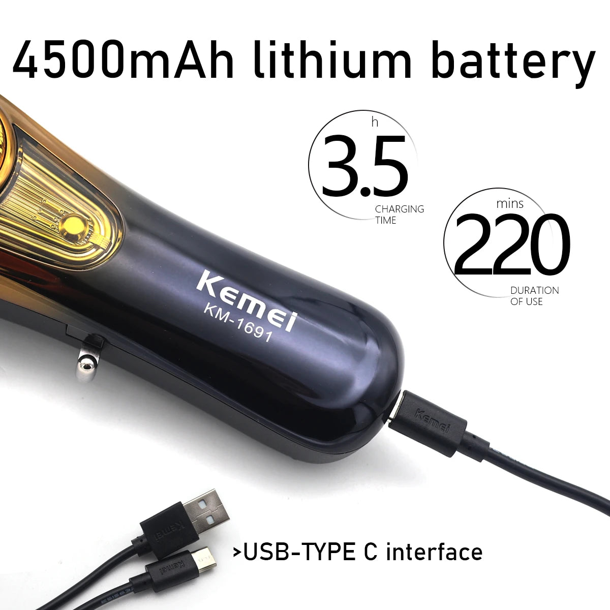 9000RPM 10W Kemei KM-1691 Professional Hair Clipper for Men LED Display Rotation Adjustment Hair Cutting Machine Hair Trimmer