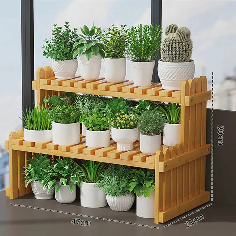2Tier Simple Modern Decorative Natural Bamboo Flower Pot Plant Display Stand Shelf,Books Kitchen Household Supplies Storage Rack
