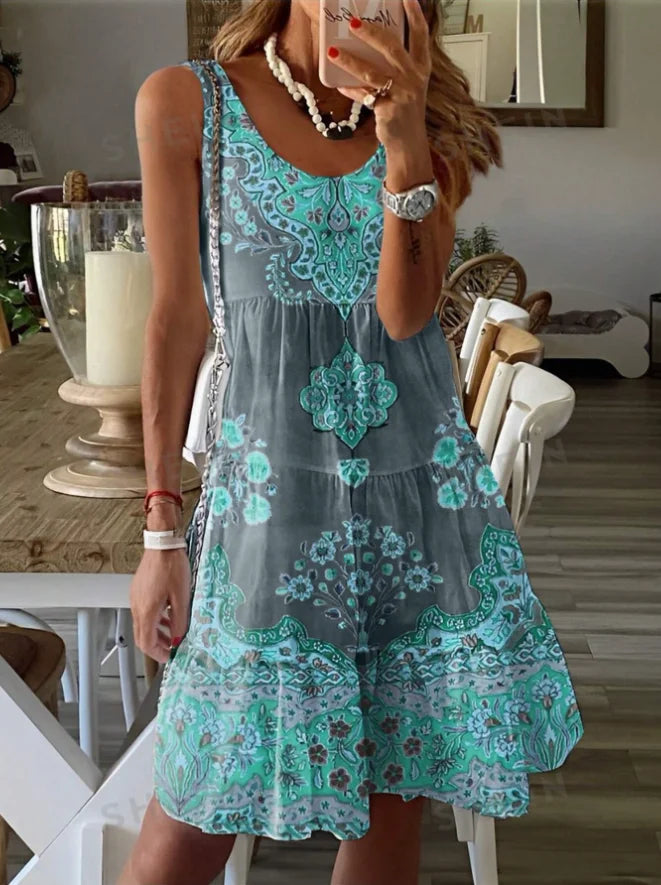 Printed pleated sleeveless V-neck dress