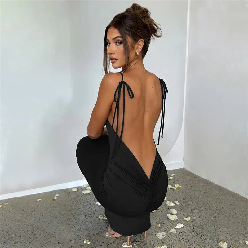 2024 Summer Dresses For Women Backless Sexy Spaghetti Halter Strap Slim Fit Strap Black Long Dress Y2k Sleeveless Skinny Bodycon