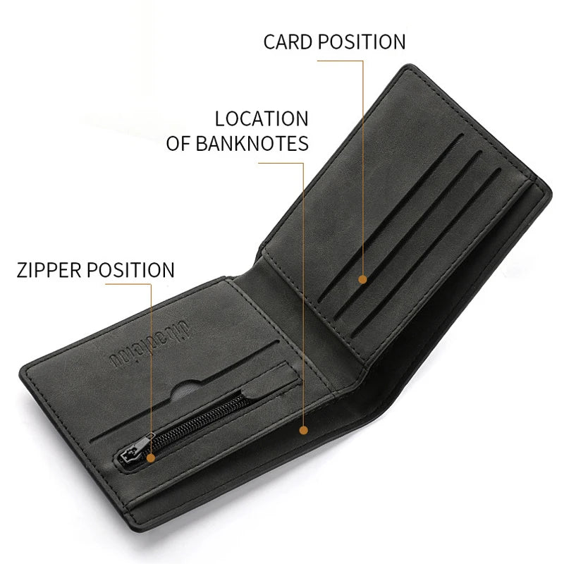 Men's Genuine PU Leather Wallet - Short Vintage Zipper Design with Money Clip, Soft Business Wallet for Students