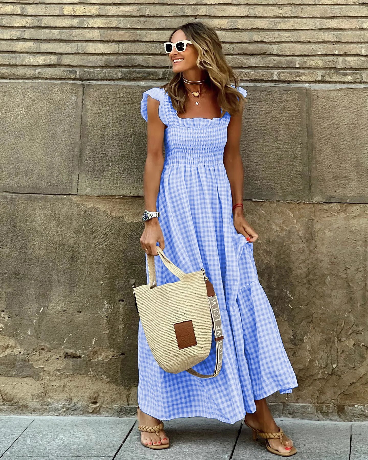 Elegant Plaid Slip Maxi Long Dress Summer Women Strapless Ruffle Backless Pleated Elastic Waist Boho Party Swing Loose Dresses