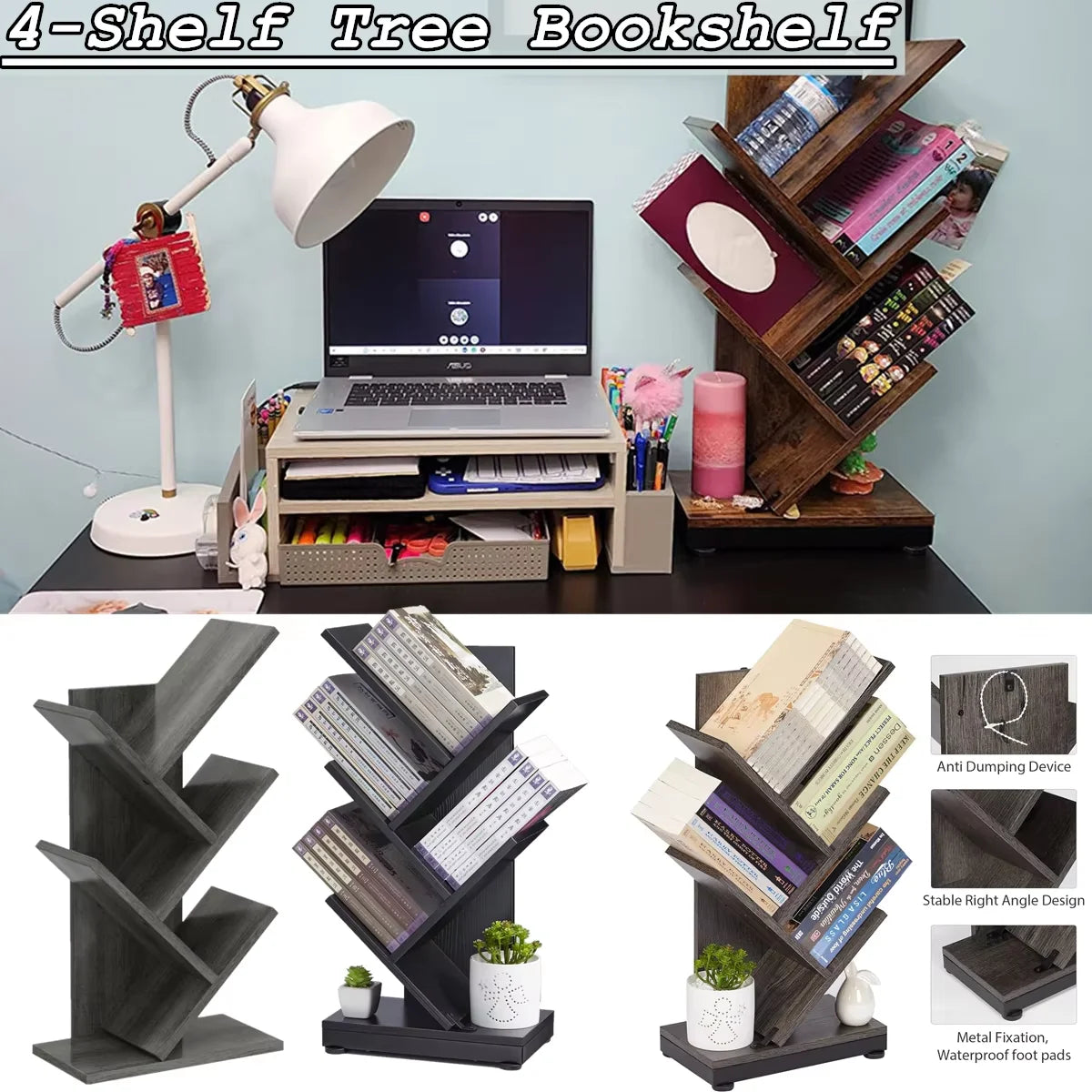 4 Tier Floor Standing Bookcase for CDs/Magazine/Books,Small Book Organizer for Bedroom,Living Room,Office, 4-Tier Tree Bookshelf
