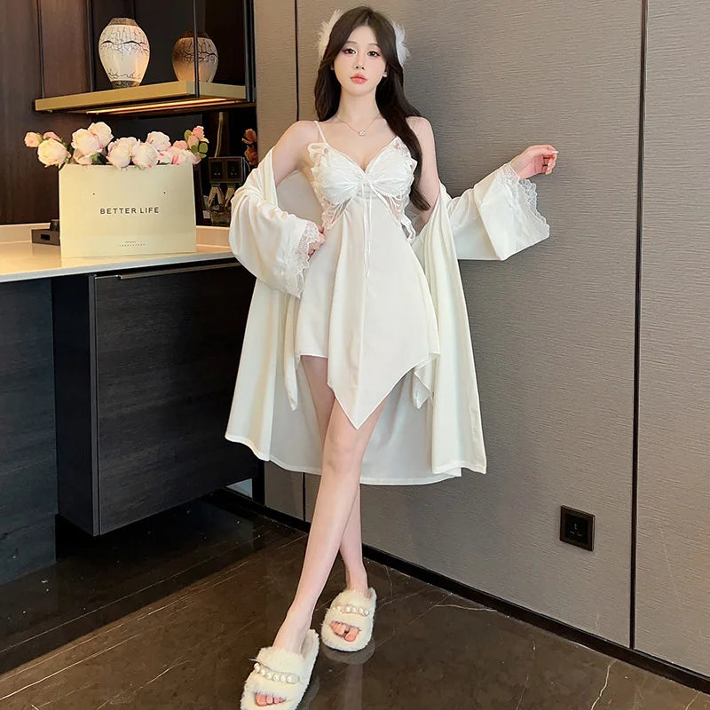 Summer Sling Lace Women's Underwear Two-Pieces Set Satin Silk Sleepwear Butterfly Embroidery Backless Nightdress