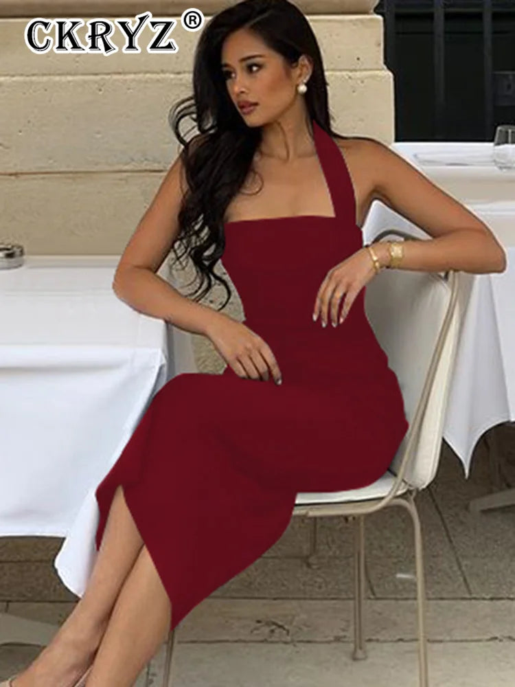 Ladies Summer Elegant New Midi Dress Women Sleeveless Backless Halter Long Dresses Evening Party Club Streetwear Woman Clothes