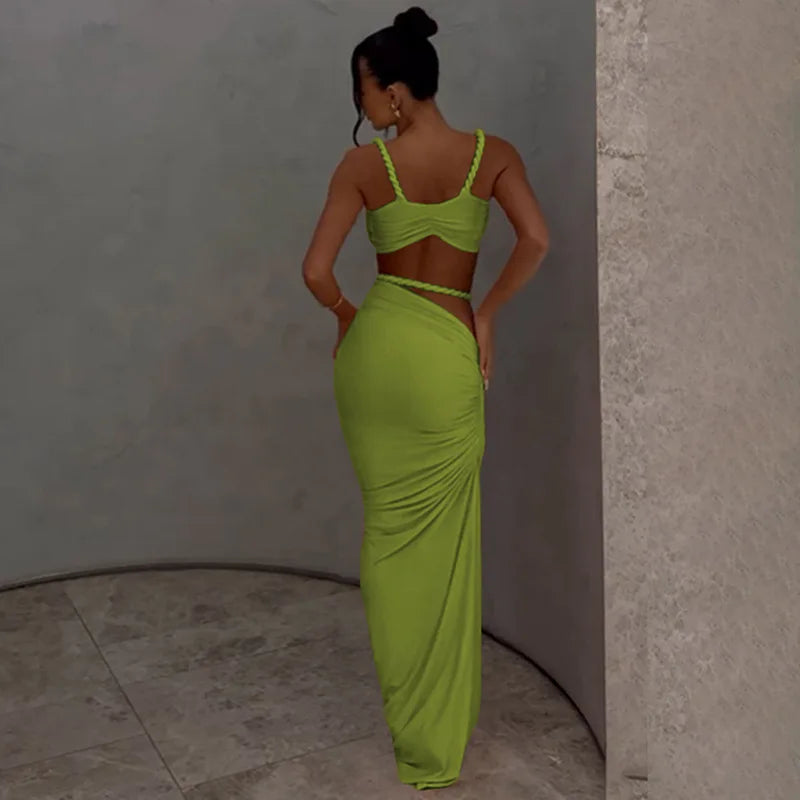 Ladies Summer Party 2 Piece Skirt Set Women Sleeveless Backless Crop Top Long Skirts Matching Sets Club Streetwear Woman Clothes