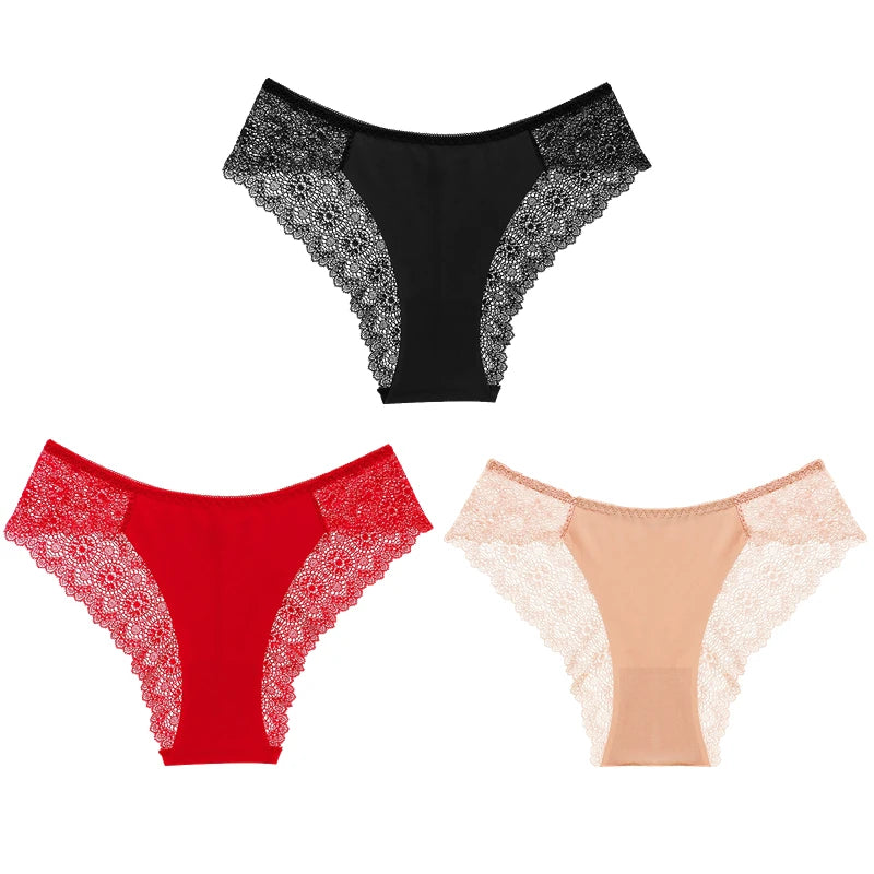 TrowBridge 3PCS/Set Sweet Women's Panties Silk Satin Underwear Lace Sexy Lingerie Girls Breathable Briefs Soft Comfortable Panty
