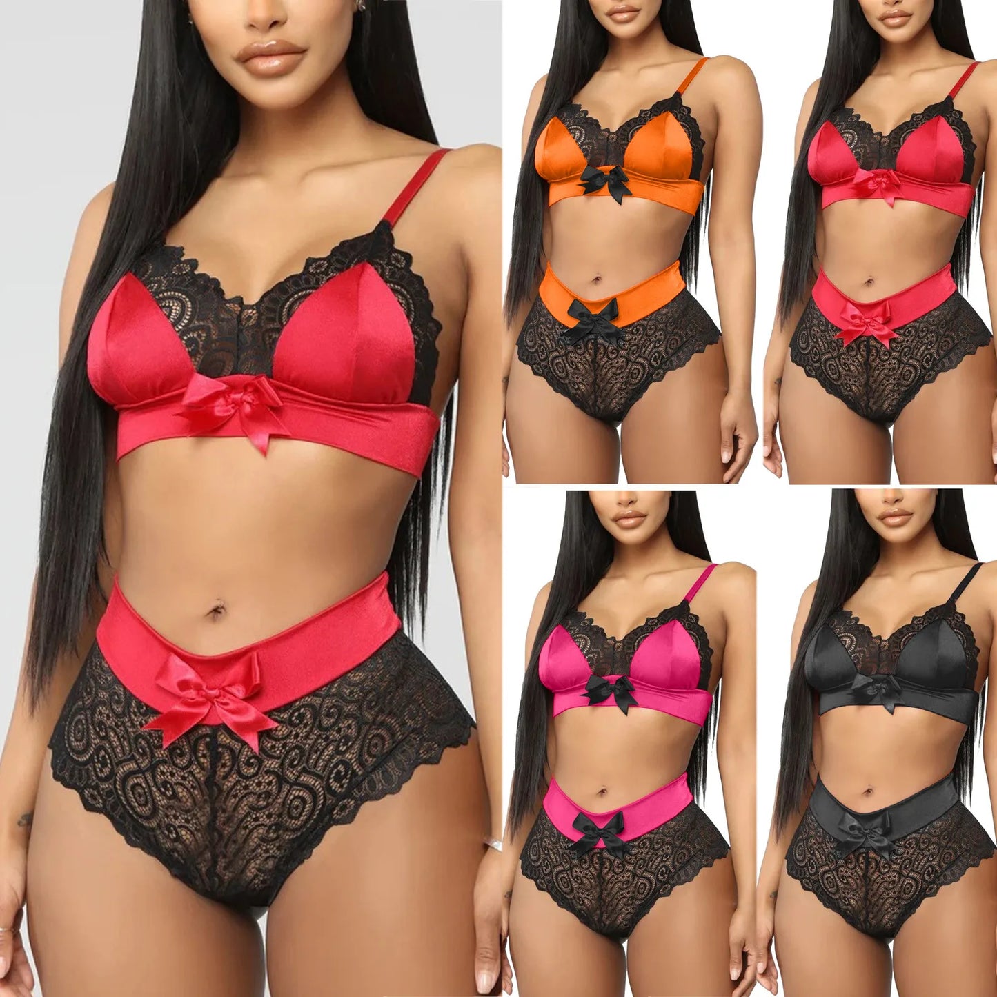 Underwear for Women Female Lace Edge Bow Knot Split Lingerie Ladies Two-Piece Push Up Bra Lingerie Female Hollow Mesh Panty