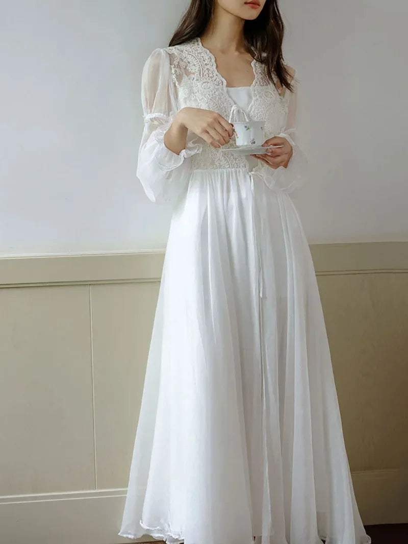Princess Fairy Night Dress Robe French Morning Gown Lace Mesh Ruffles Vintage Sexy Two-piece Nightgown Female Spring Summer
