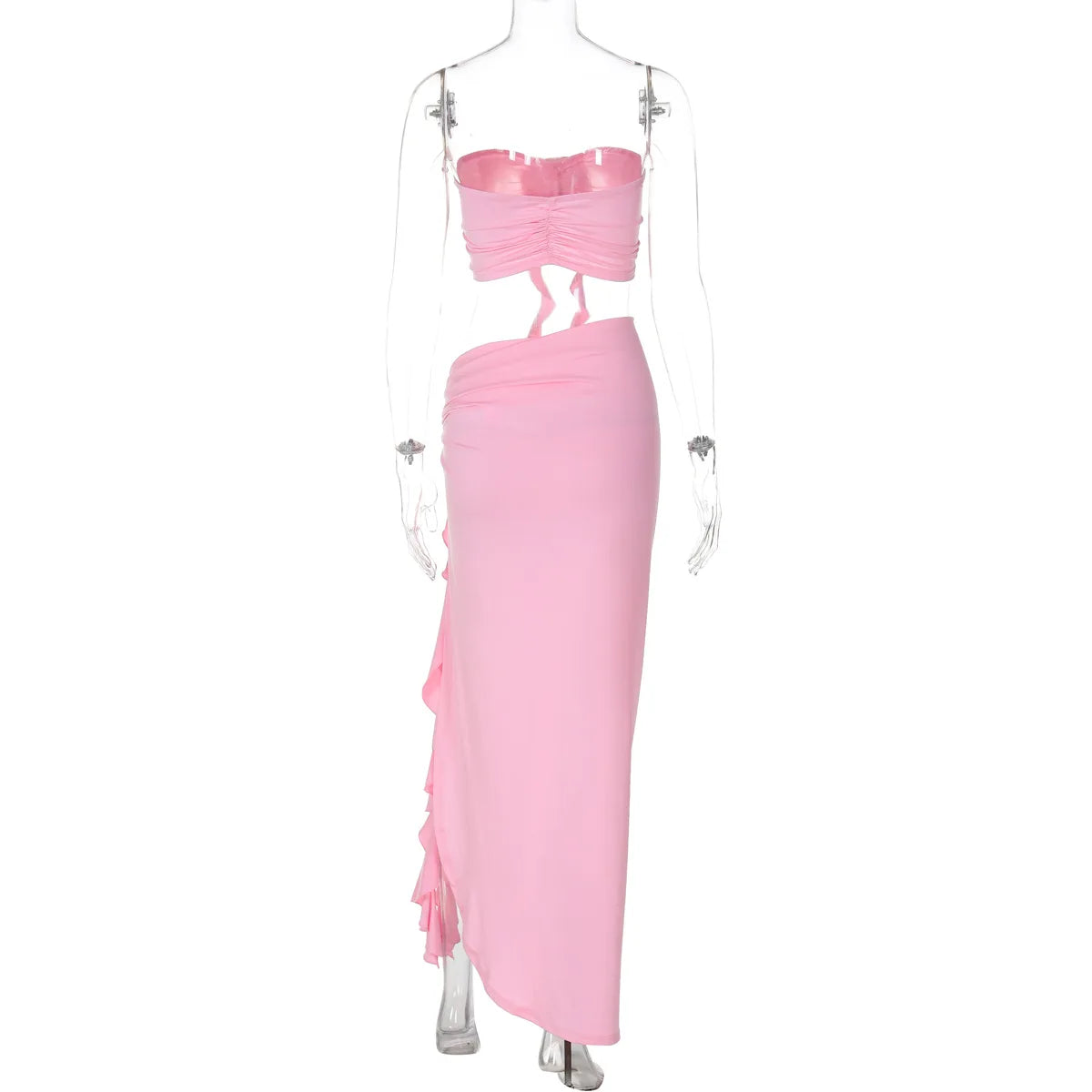 Ladies Matching Suit Applique Strapless Ruched Crop Top Ruffles Split Midi Dress Set Women Summer Party Club Y2K Fashion Outfits