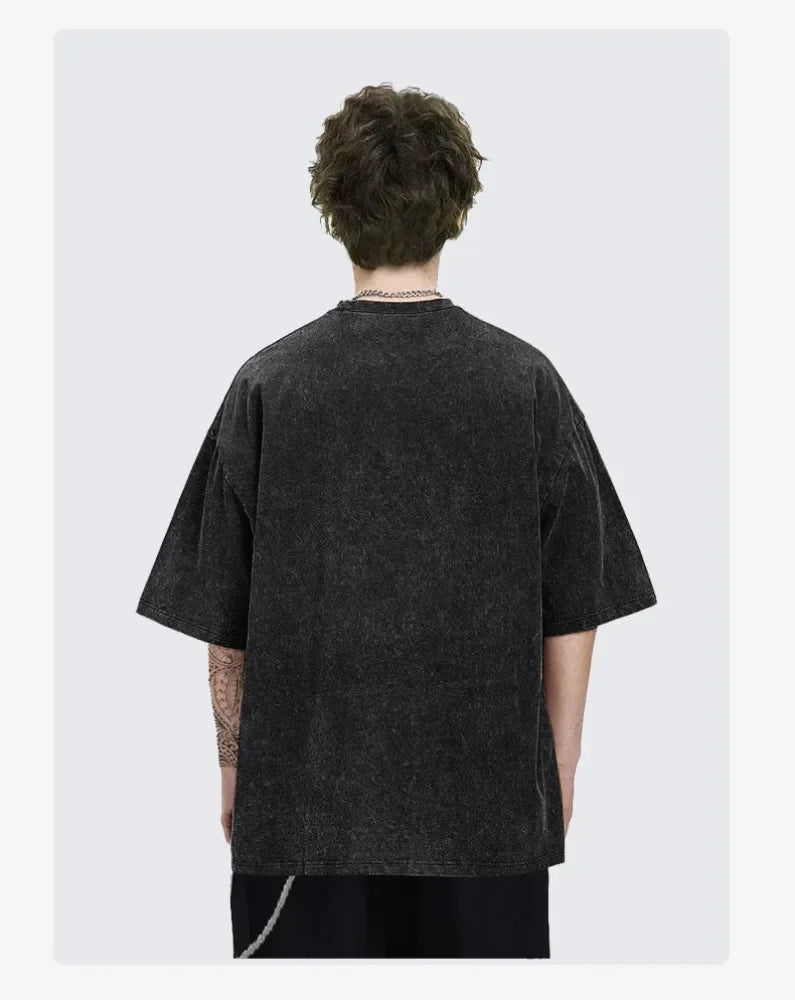 2025 retro old heavy cotton solid color Ac Power Up Dc 2025 music short-sleeved summer loose top tide washed T-shirt