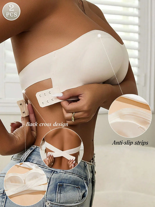 2pcs Women Seamless Non-Slip Criss-Cross Enhancing Sports Bra Sexy Side Closure Bra Strapless Bra,Comfortable Wireless Seamless