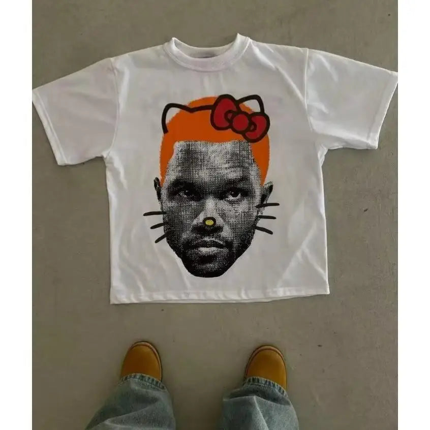 2025 Latest European and American Y2k Hip-hop Character Printed T-shirt Men's and Women's Retro Street Casual Short-sleeved Top