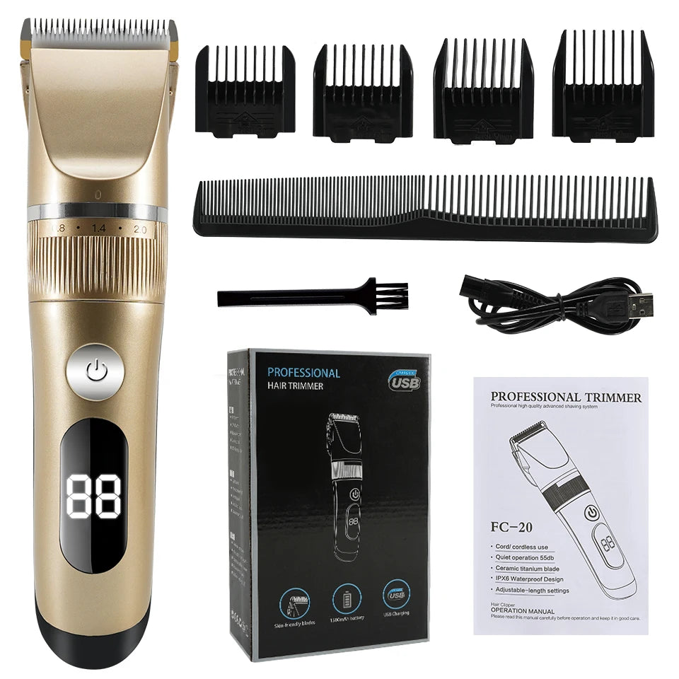 Professional Hair Clipper Electric Men's Trimmer Rechargeable Hair Cutting Machine LCD Display Head Trimmer 2 Gears