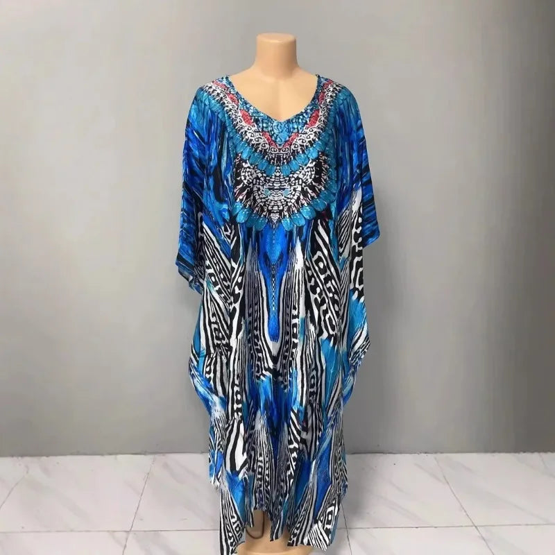 Comfortable plus Size Women's Dress Floral Print Loose Waist Long Skirt Batwing Sleeve V Neck Ankle Length Elegant Fashion