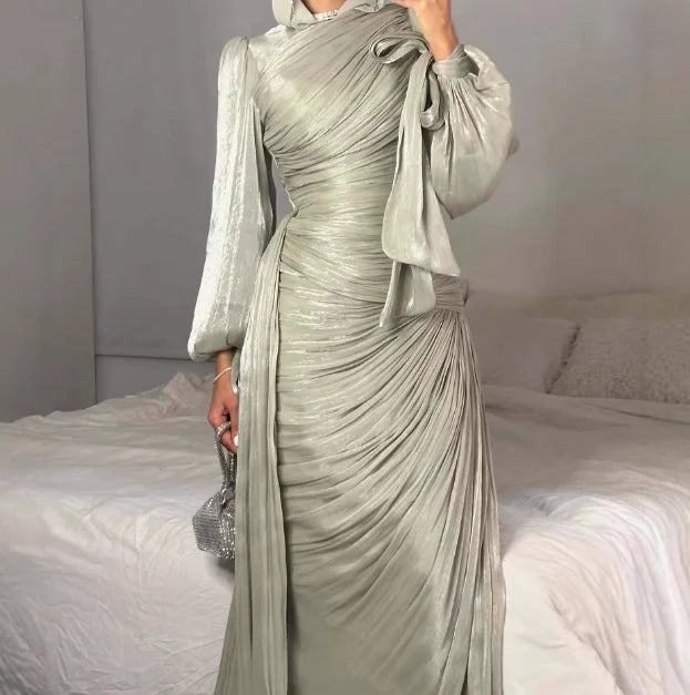 Elegant Solid Color Hooded Sparkling Flowing Sand Dress for Women, Elegant Solid Color Trailing High Waisted Long Sleeved Dress