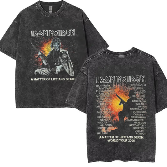 Irons The Future Past 2024 World Tour Maidens Summer Washed T Shirt Retro T-shirt Short Sleeve Vintage Black  Wash Y2k Clothes