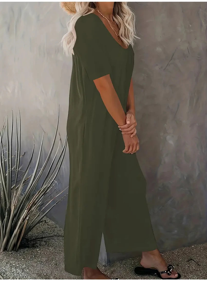 Plus Size 0XL-5XL Summer Rompers Overalls Women's Solid Color Jumpsuit with Pockets Casual Fashion Short Sleeve Jumpsuits
