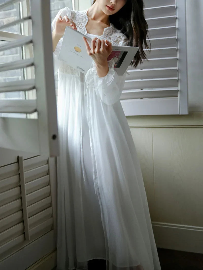 Princess Fairy Night Dress Robe French Morning Gown Lace Mesh Ruffles Vintage Sexy Two-piece Nightgown Female Spring Summer