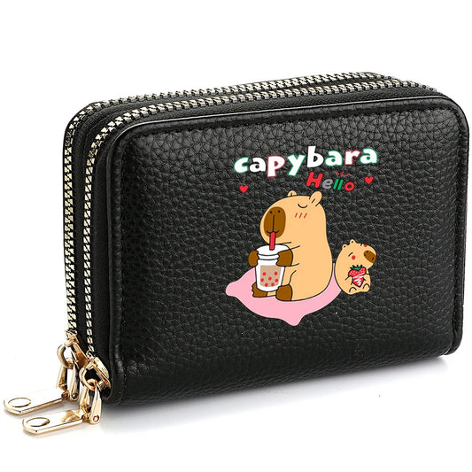 Capybara Ladies' Printed Cute Coin Wallet, PU Leather ID Card Bank Card Zipper Card Wallet, Suitable for Women's Daily Use