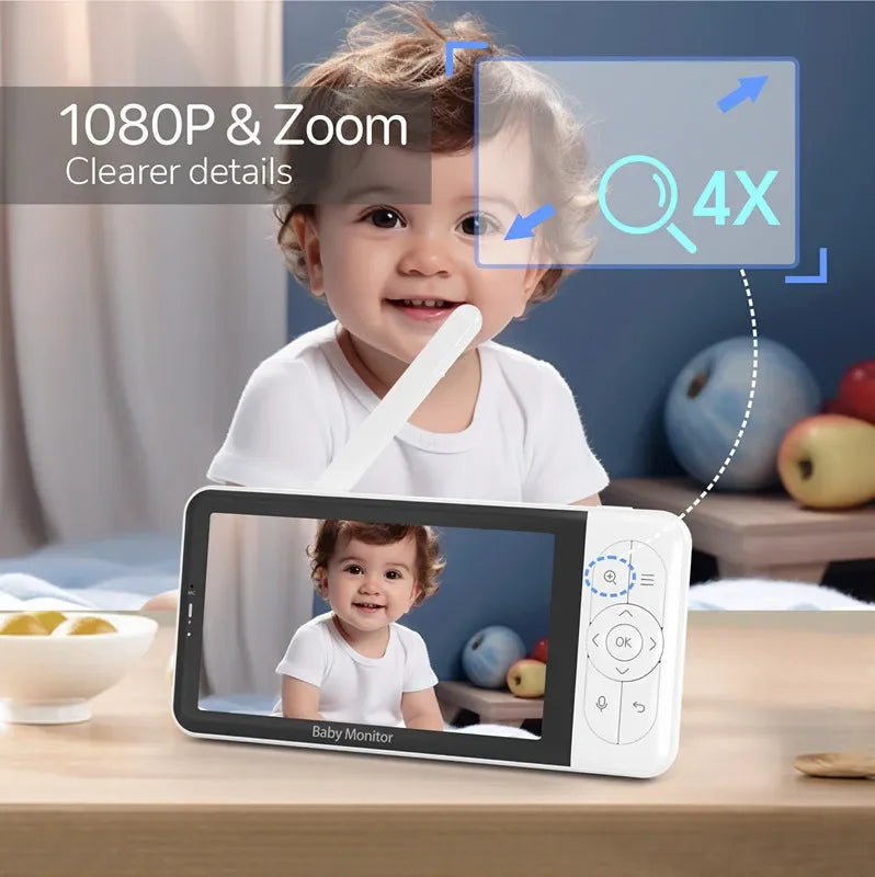 Tuya Smart Wireless Video Baby Monitors 5" 1080P Display Temperature Detection APP View Control Baby Nanny 2-Way Audio Baby Cam