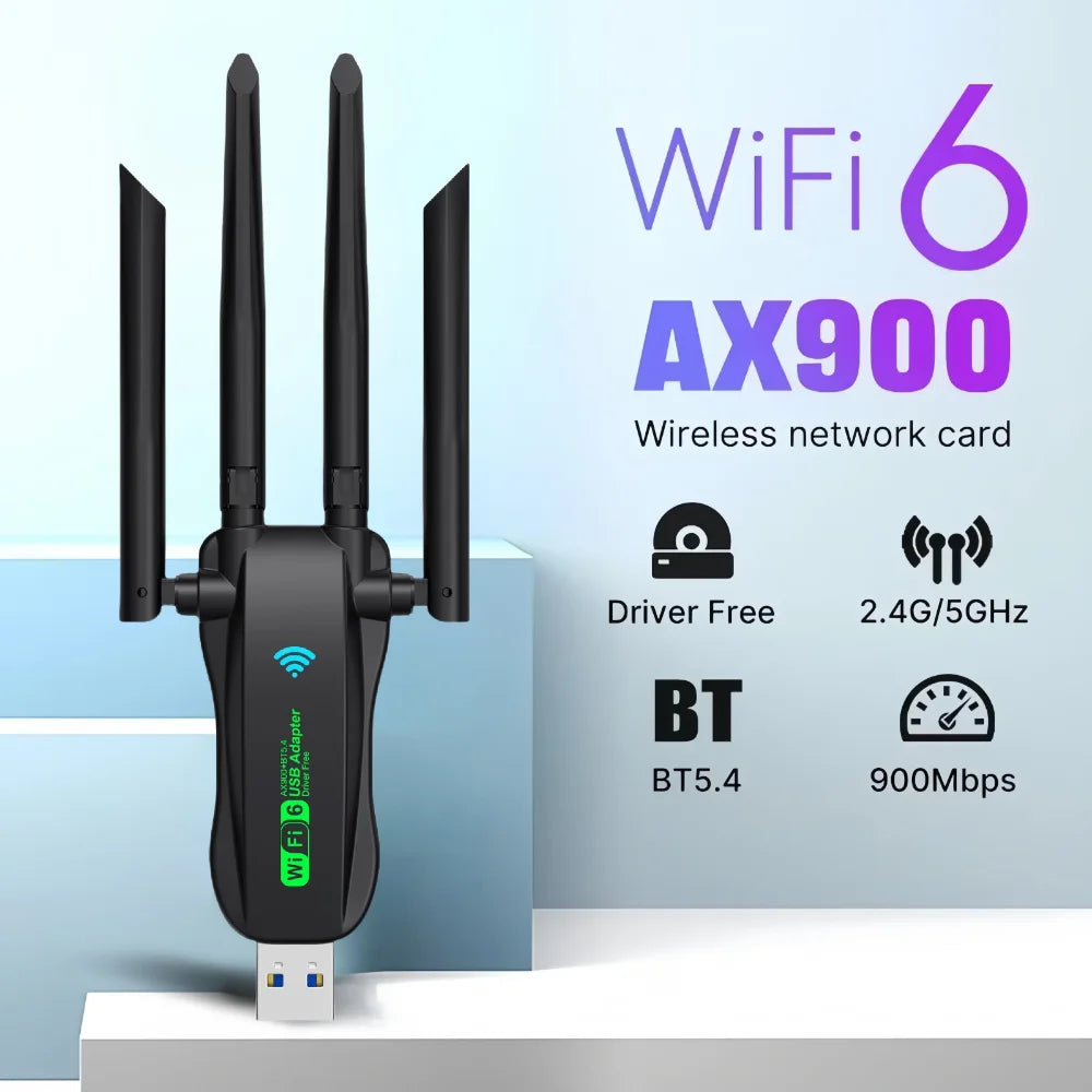 WIFI 6 AX900 4 Antennas USB WiFi BT 5.4 Adapter 2in1 Dongle Wireless Wlan External Network Card for Windows 10/11 Driver Free