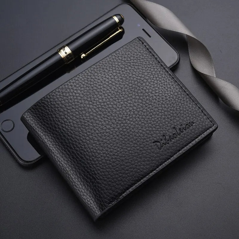 Men Short Purse Lychee Print English Casual Style Zipper Credit Card Wallet